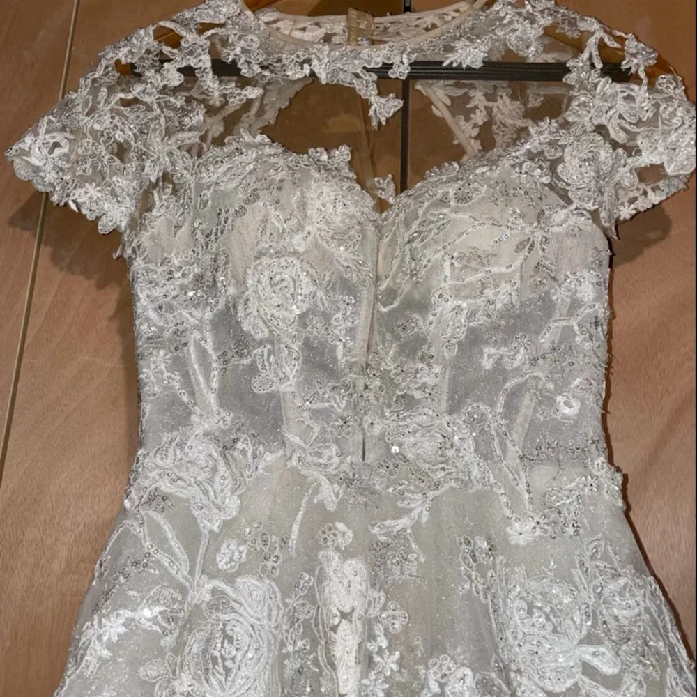 Easy Round Neck Long Tail Lace Embroidered Wedding Dress - Picture 2 of 5